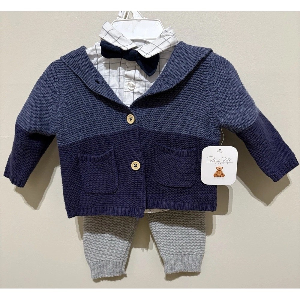 Infant Boy Rene Rofe Baby 3 Piece Set Size 0-3 Months. Cardigan W Little Lad NWT